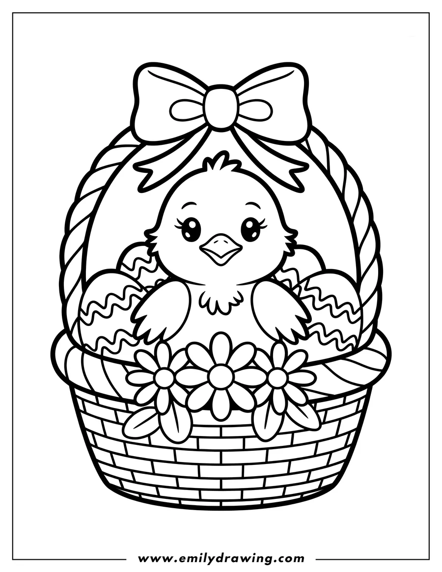 Outline of a chick sitting in a basket with decorated eggs and flowers. The basket has a bow on it.
