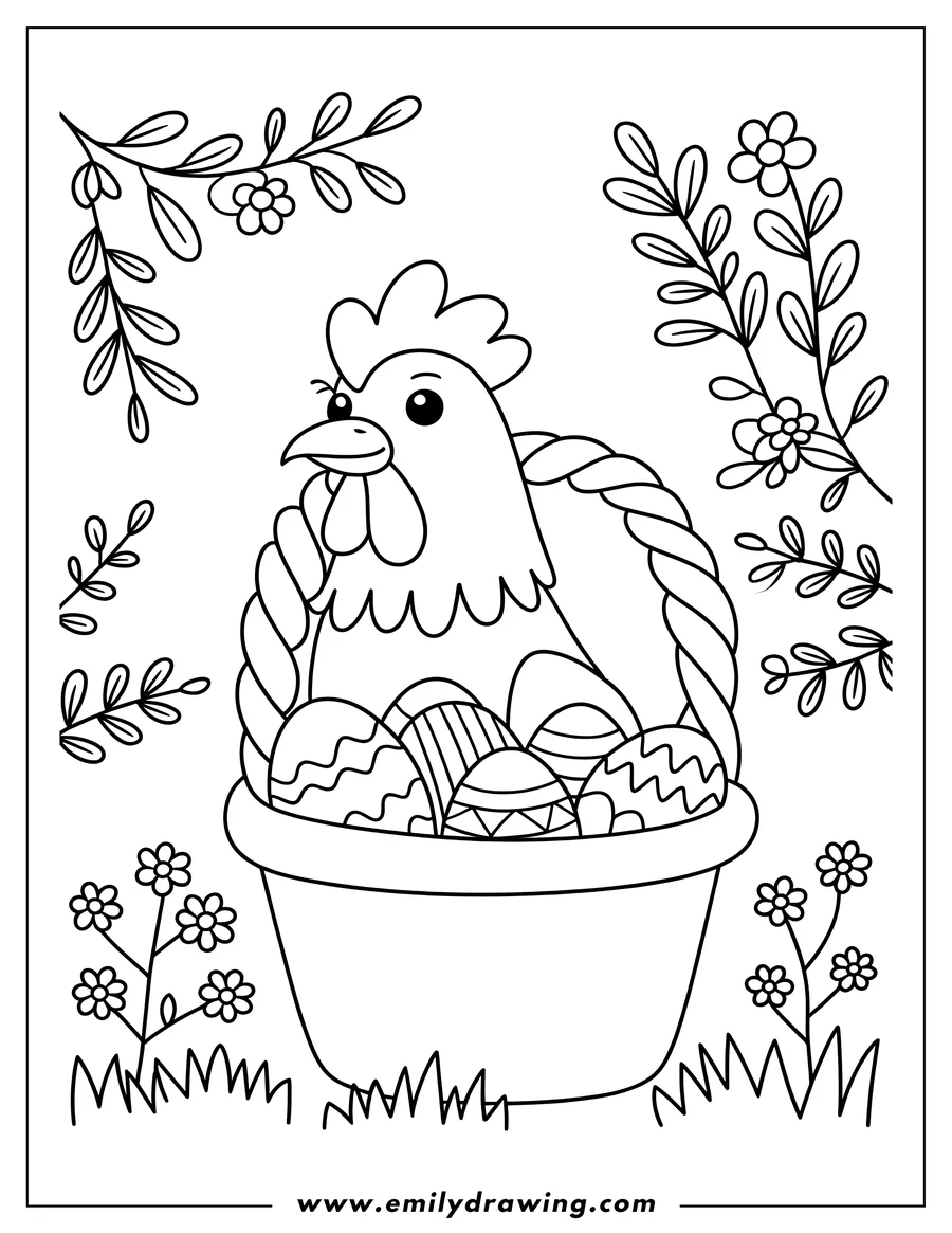 Line art of a chicken sitting in a basket filled with decorated eggs, surrounded by flowers and leaves.