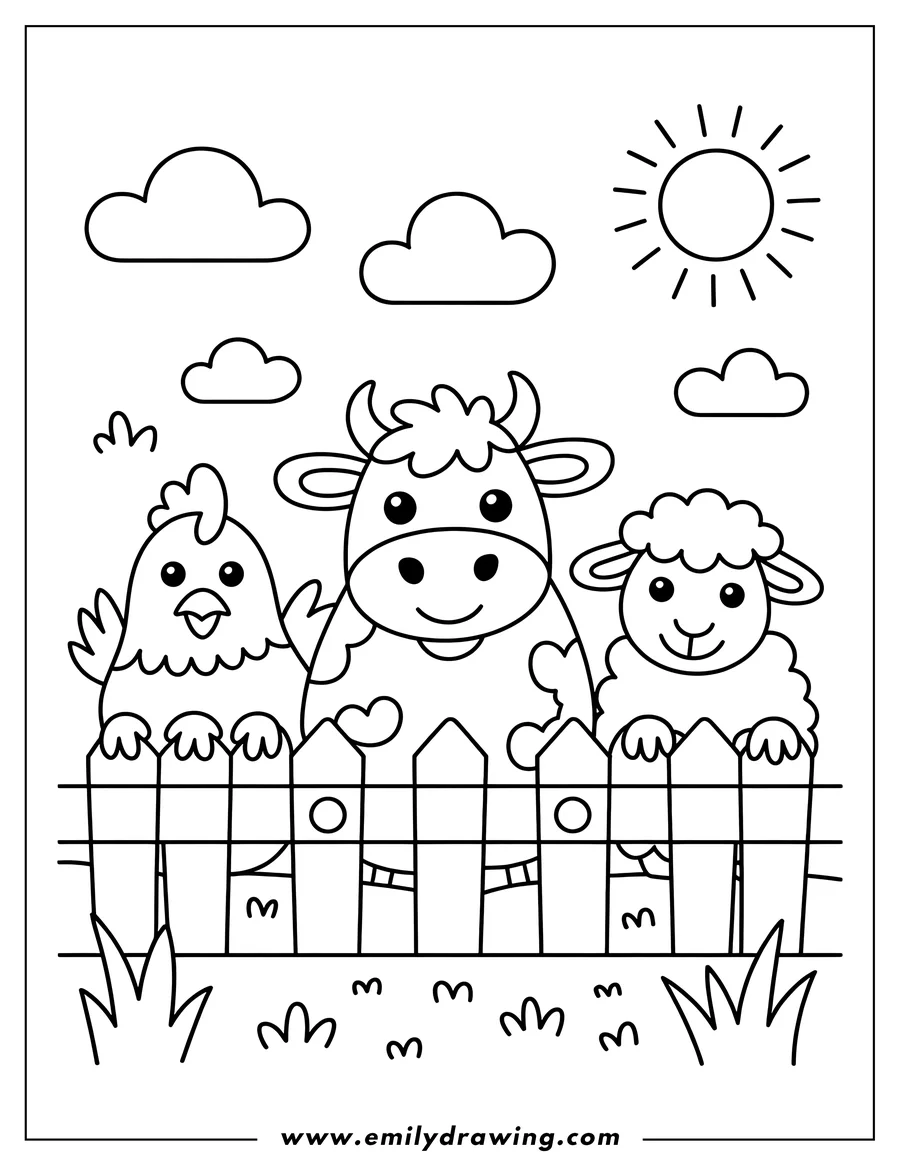 Line art of a chicken, cow, and sheep looking over a wooden fence in a field under a sunny sky.