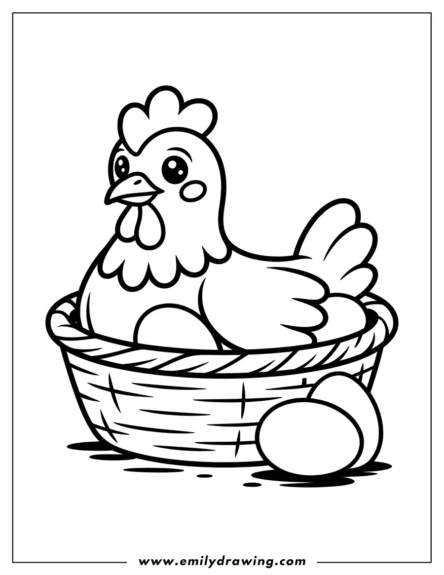 Outline of a chicken sitting in a basket with two eggs beside it.