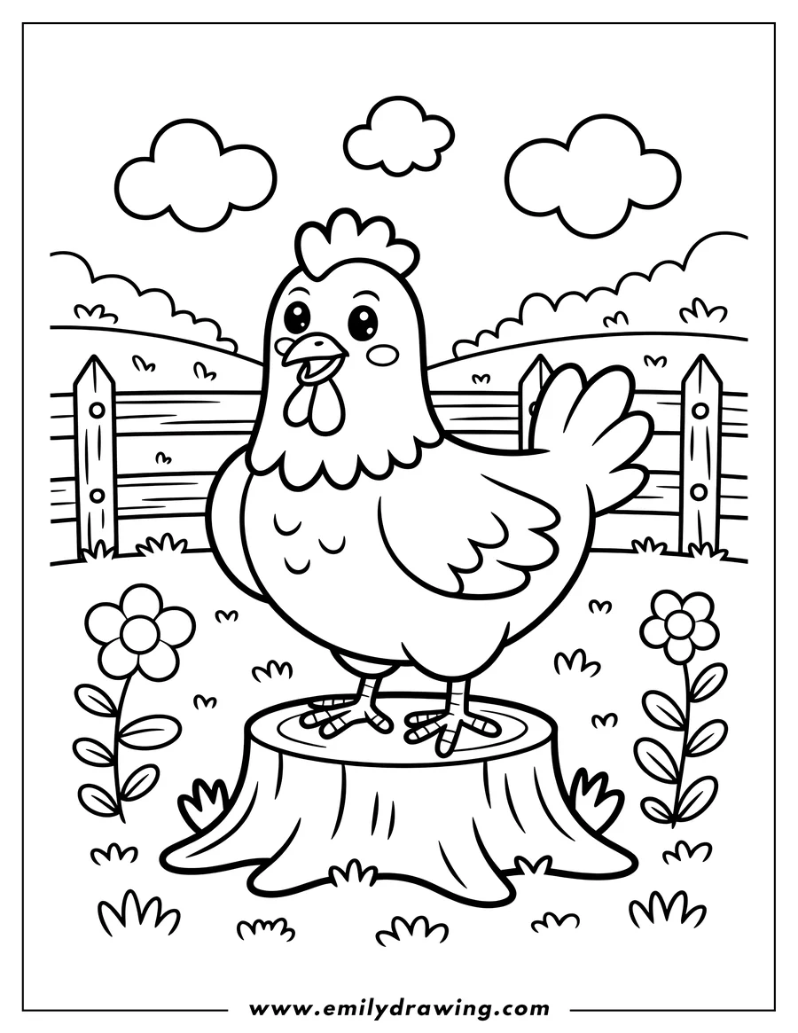 Outline of a chicken standing on a tree stump in a fenced farmyard with flowers and grass.
