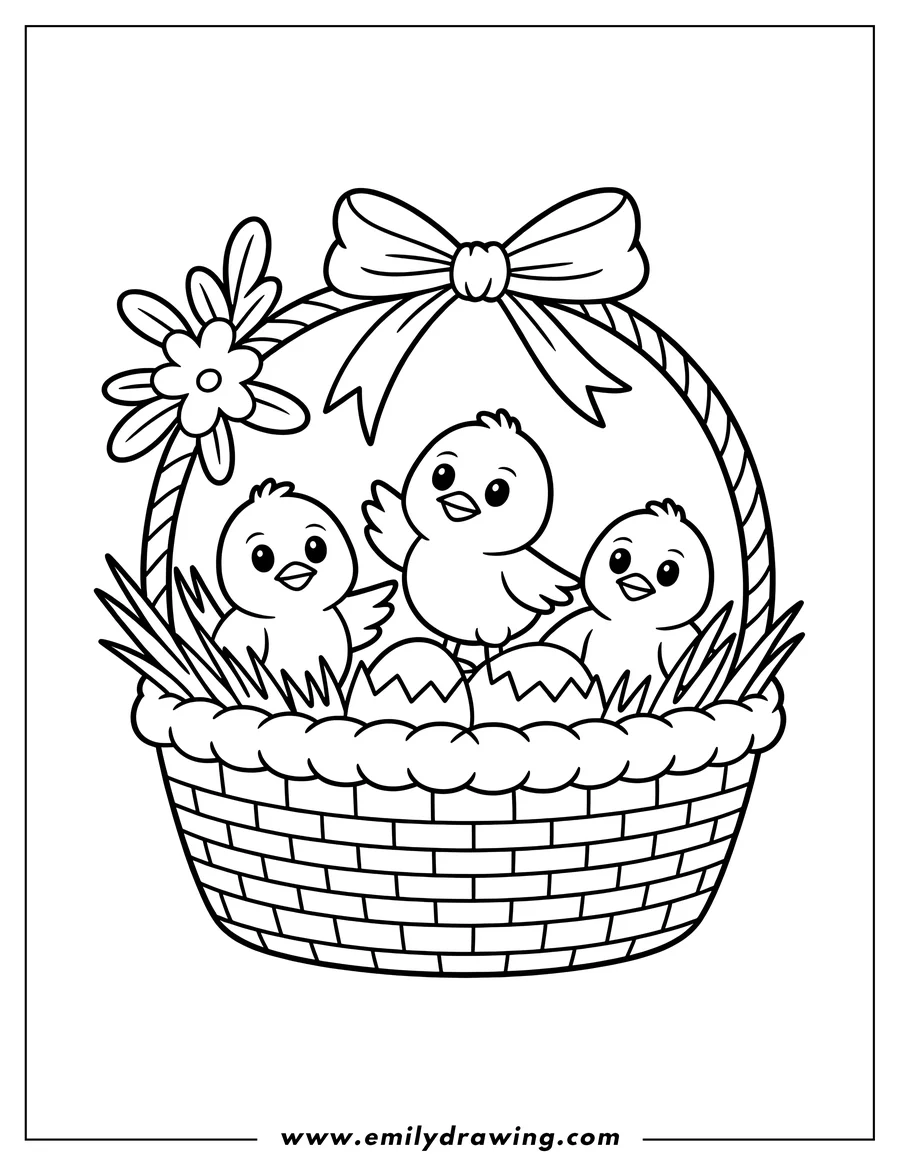 Outline of three baby chicks nestled in a basket with cracked eggshells, grass, and a bow with flower decoration.