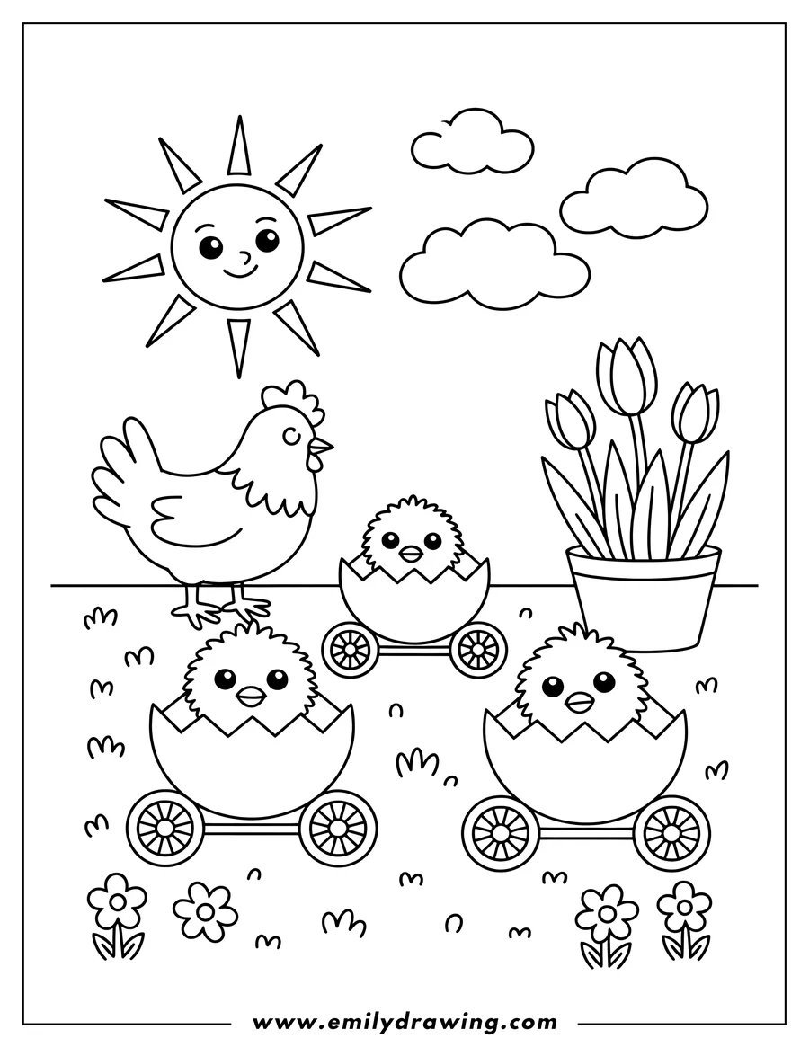 Line art of three baby chicks riding in eggshell carts with wheels. A mother hen stands nearby, and a pot of tulips sits in the background under a smiling sun.