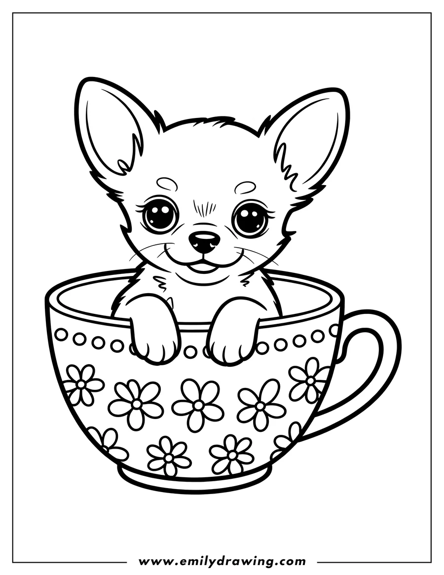 Line art of a small chihuahua sitting in a teacup decorated with flowers.