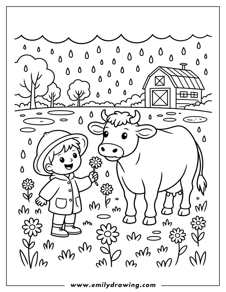 Line art of a child in a raincoat offering a flower to a cow in a field with rain falling around them and a barn in the background.