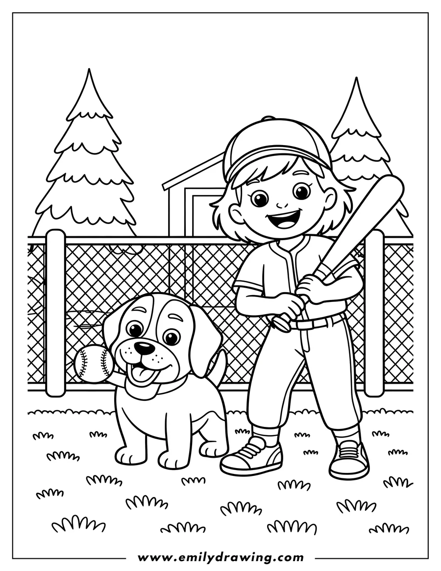 Line art of a child with a baseball bat and a dog holding a baseball near a fence.