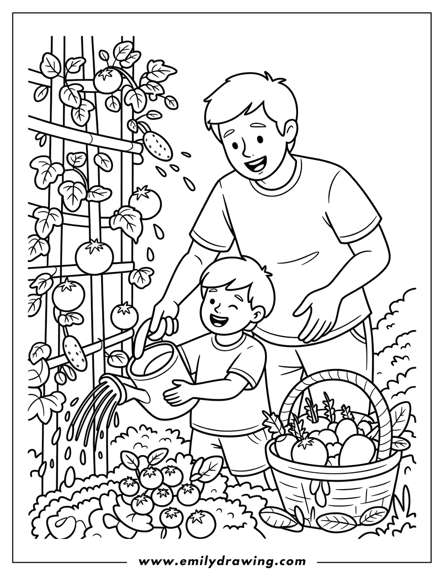 Outline of a child and father watering tomato plants in a garden with a basket of fresh vegetables nearby.