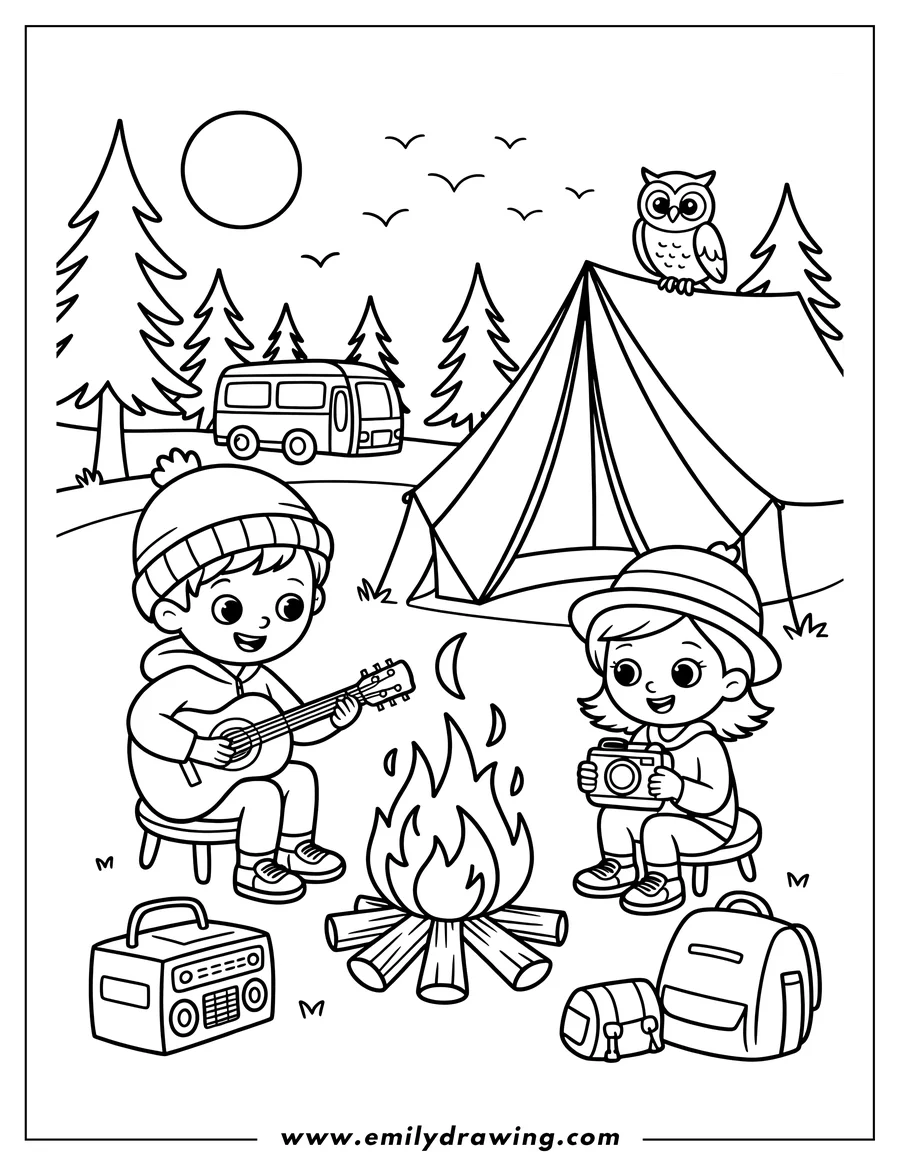 Line art of two children enjoying a camping scene. A boy plays guitar by the campfire, while a girl takes photos. A tent, camper van, owl, and other camping gear are also visible.
