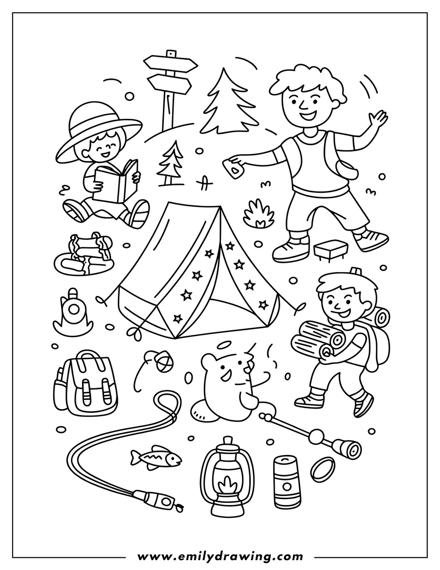 Line art of a camping scene with children, tent, trees, and camping gear.