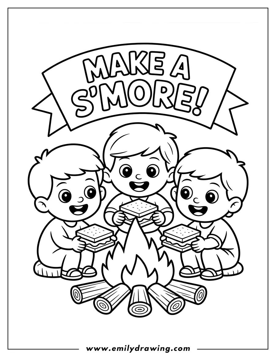 Outline of three children sitting around a campfire, each holding a s'more.