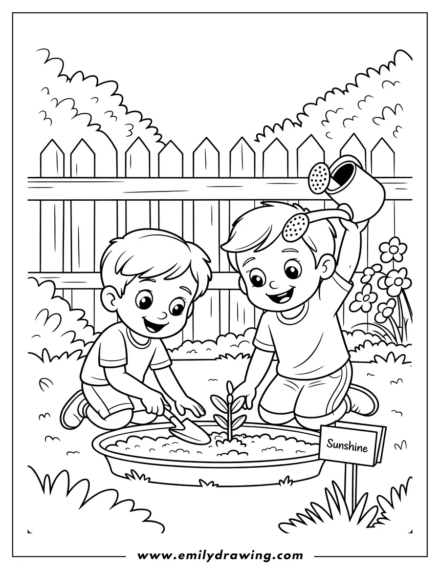 Two young children planting a small seedling in a garden. One child holds a small shovel, the other a watering can. A sign nearby reads 'Sunshine'.