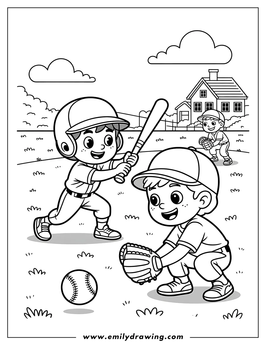 Two children playing baseball. One child is batting, and the other is catching.