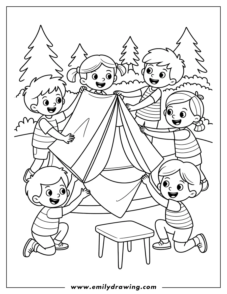 Outline of children setting up a tent at a campsite, with trees in the background.