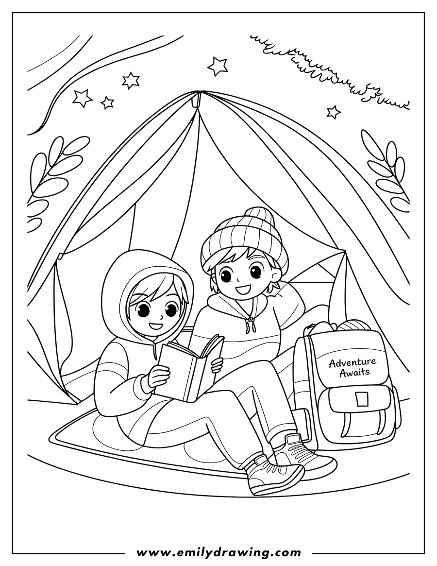 Outline of two children sitting inside a tent. One child is reading a book, while the other looks on. A backpack is visible beside them.