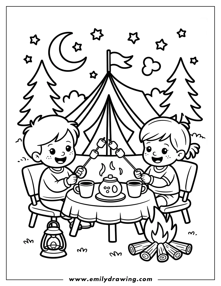 Outline of two children roasting marshmallows at a campsite. They are sitting at a table with mugs, a teapot, and a lantern nearby. A tent, trees, a campfire, and a starry night sky are in the background.