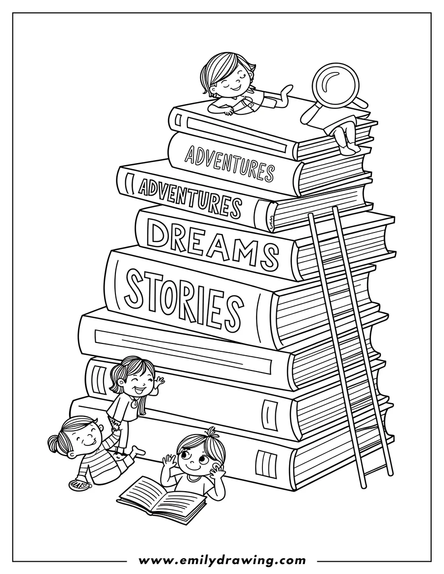 Outline of children interacting with a tall stack of books. One child reads at the base, another climbs the side, while two others sit atop the books, one with a magnifying glass.