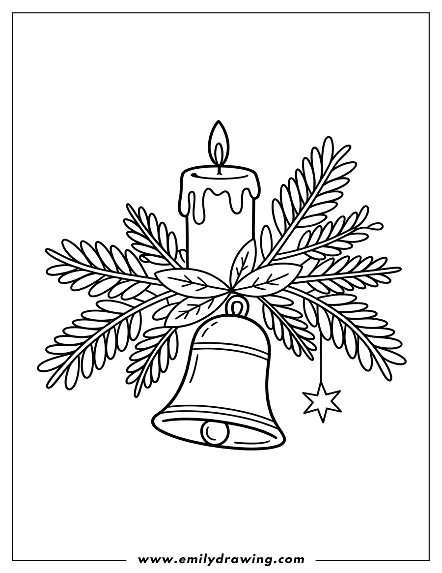 Outline of a Christmas bell decorated with a lit candle, pine branches, and a hanging star ornament.