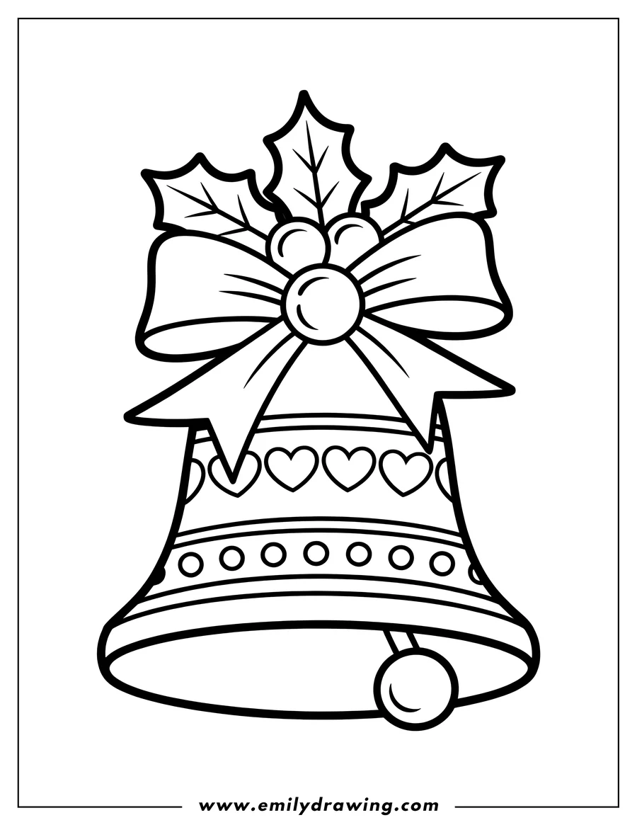 Outline of a Christmas bell decorated with a bow and holly leaves with berries.