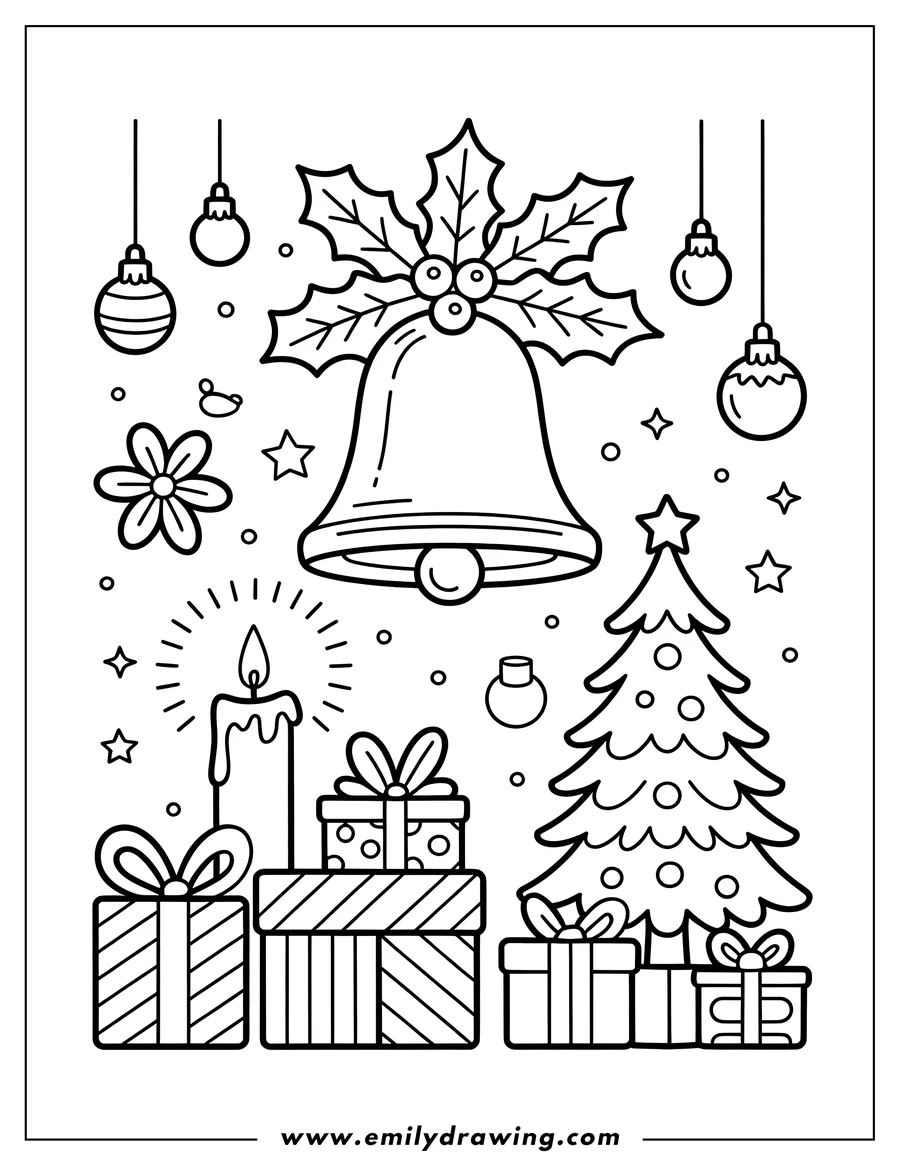 Outline of a Christmas scene with a bell, presents, a Christmas tree, ornaments, and a candle.