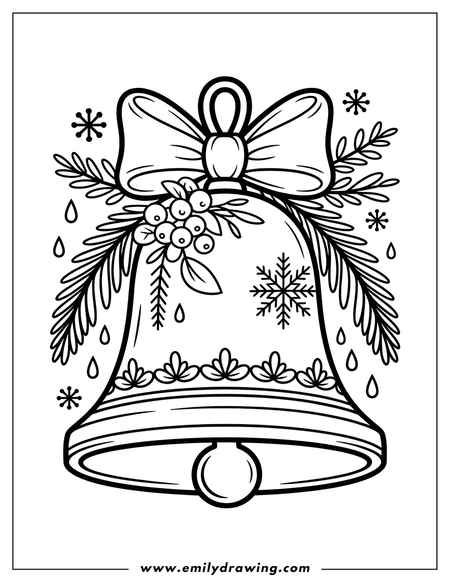 Outline of a Christmas bell decorated with a ribbon, holly berries, pine sprigs, and snowflakes.