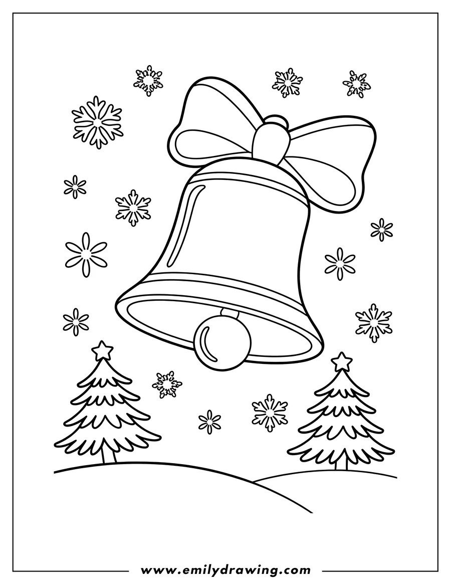 Outline of a Christmas bell with a bow, snowflakes, and two small Christmas trees.