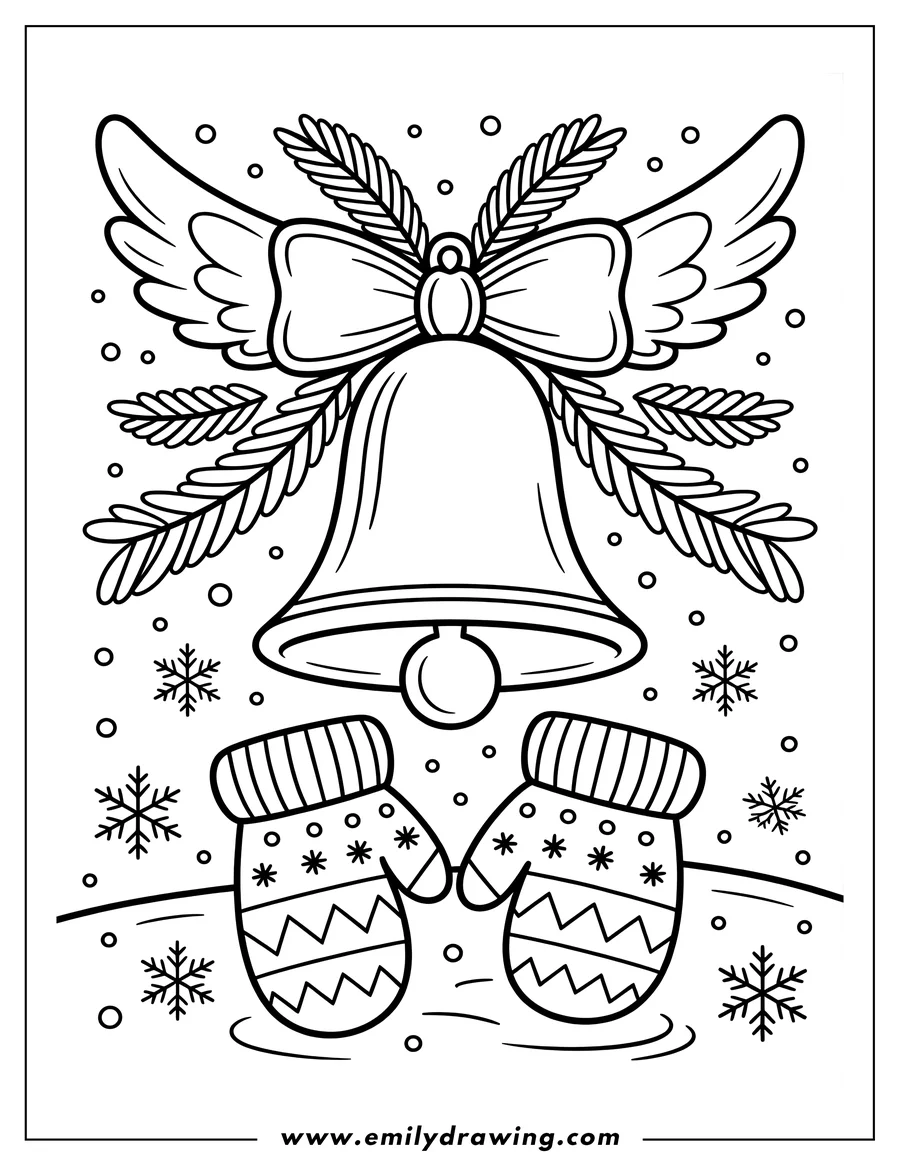 Line art of a Christmas bell with wings, a bow, pine sprigs, and a pair of mittens with snowflakes in the background.