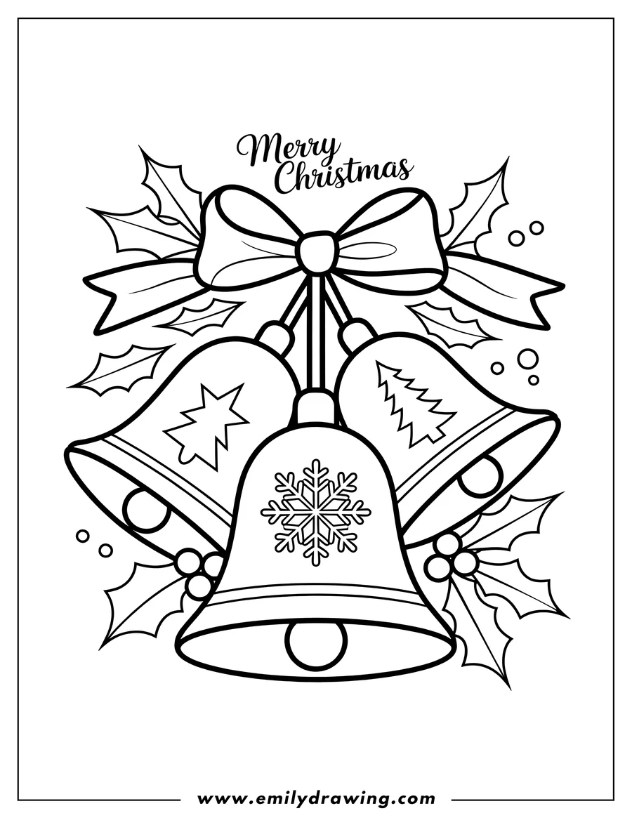 Outline of three Christmas bells decorated with a bow, holly leaves, and berries. The bells also feature a star, Christmas tree, and snowflake design.