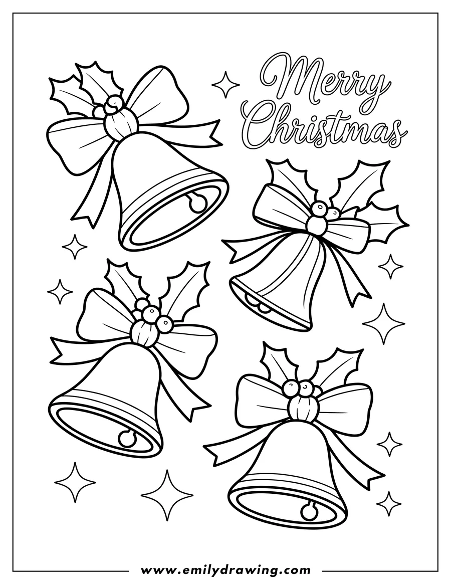Outline of four Christmas bells decorated with holly sprigs and bows.