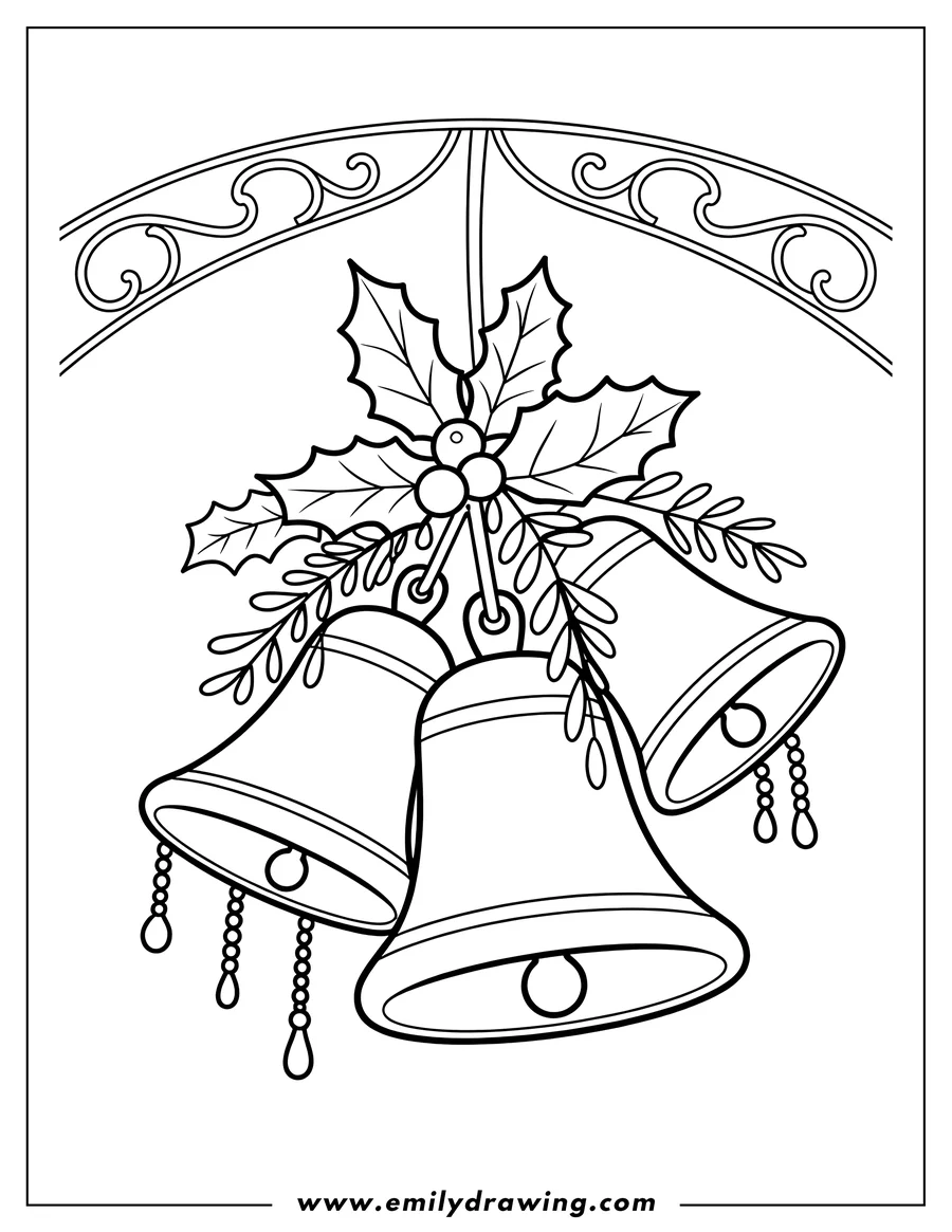 Line art of three Christmas bells hanging from a decorative arch. They are adorned with holly leaves and berries.