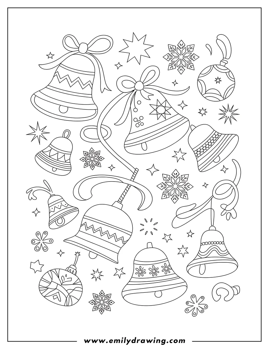 Line art of various Christmas bells and ornaments decorated with patterns and ribbons.