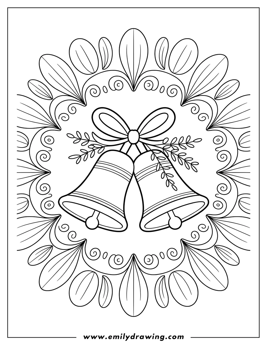 Outline of two Christmas bells tied together with a ribbon, decorated with small leaves, and surrounded by an ornate, leaf-like border.