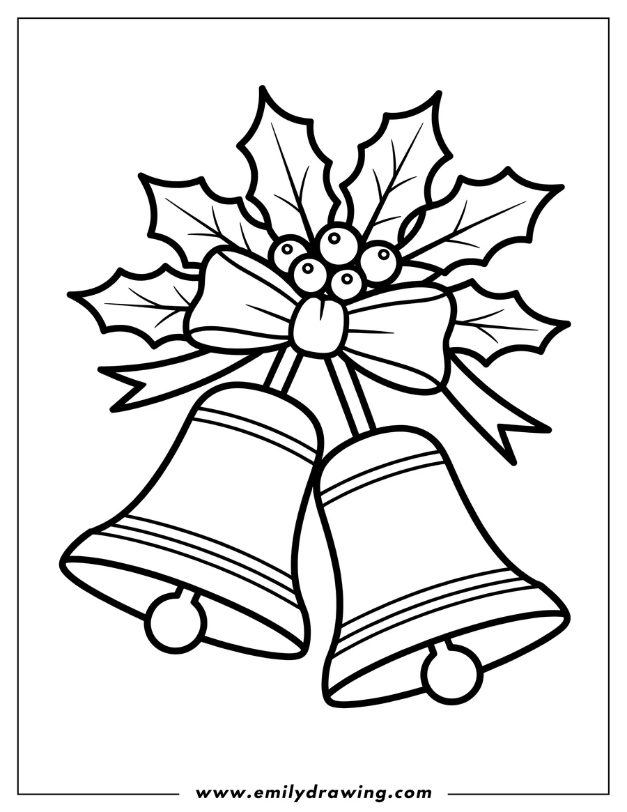 Outline of two Christmas bells decorated with holly leaves, berries, and a ribbon bow.