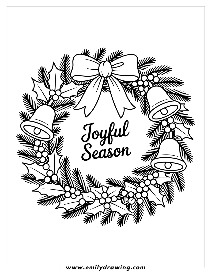 Line art of a Christmas wreath with bells, holly, and a bow.