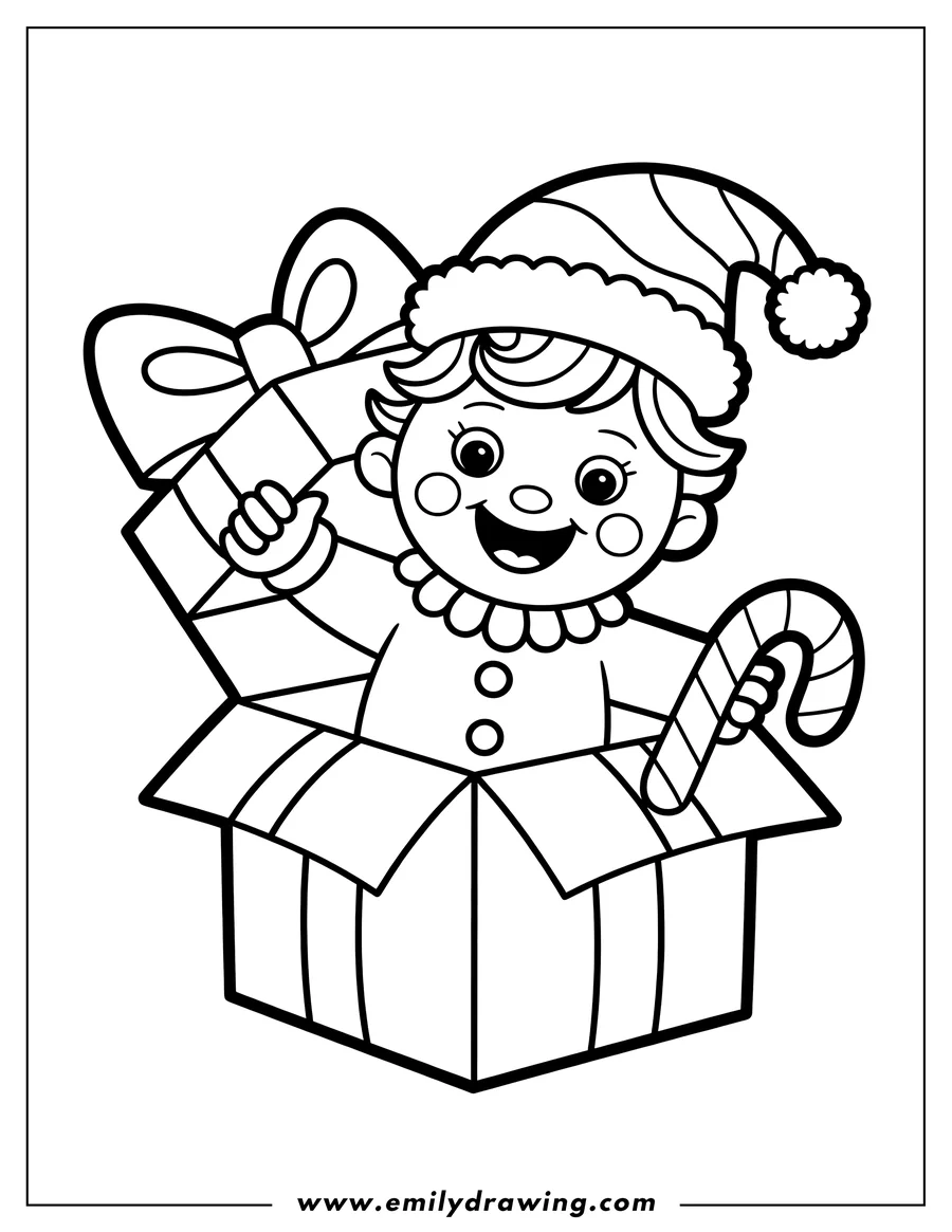 Line art of a Christmas elf sitting in a large open box, holding a wrapped present and a candy cane.