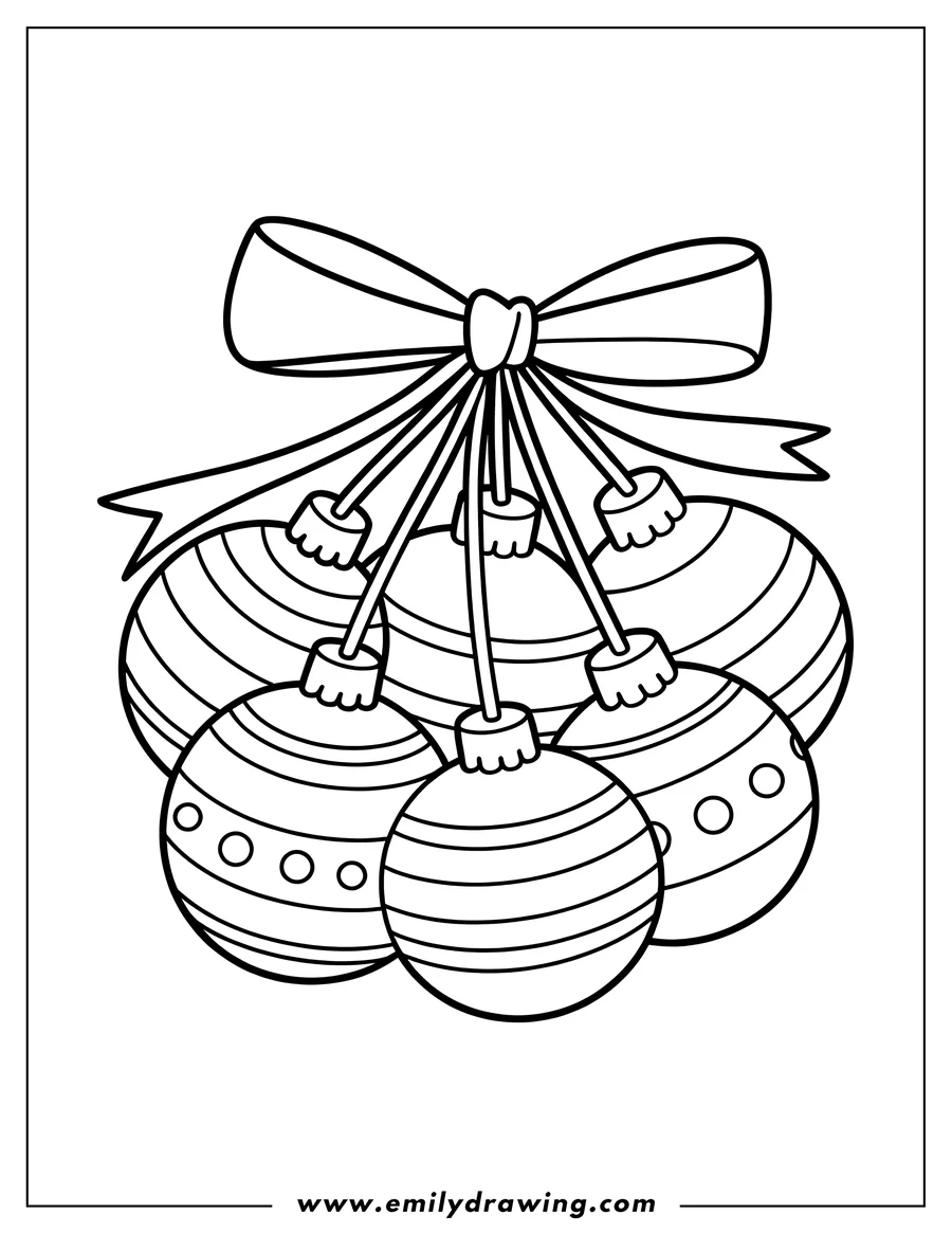 Outline of a bundle of Christmas ornaments tied together with a decorative bow. The ornaments have various striped and dotted patterns.