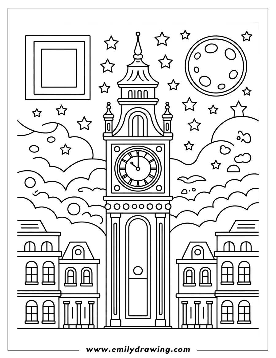 Outline of a clock tower at night, surrounded by stars, clouds, and small buildings.