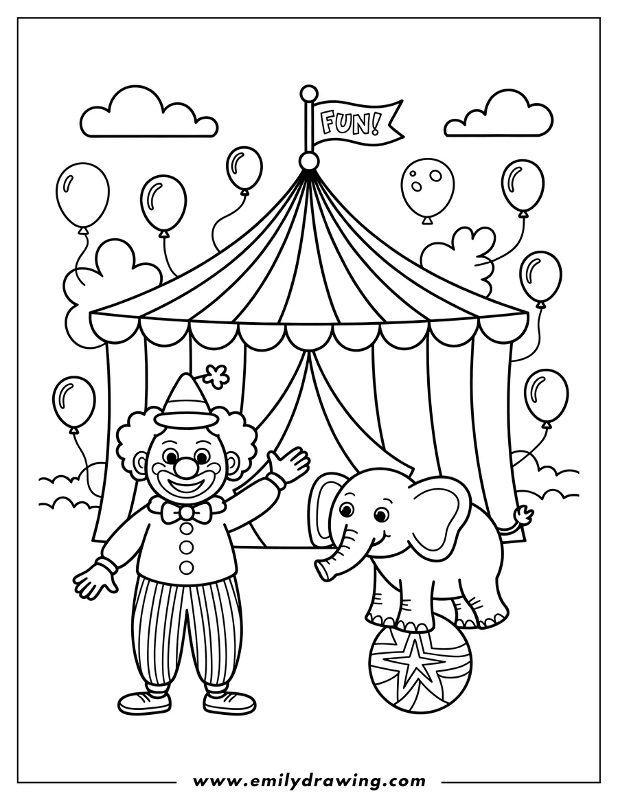 Line art of a clown and an elephant performing at a circus. The elephant is balancing on a ball, and the clown is gesturing towards it.