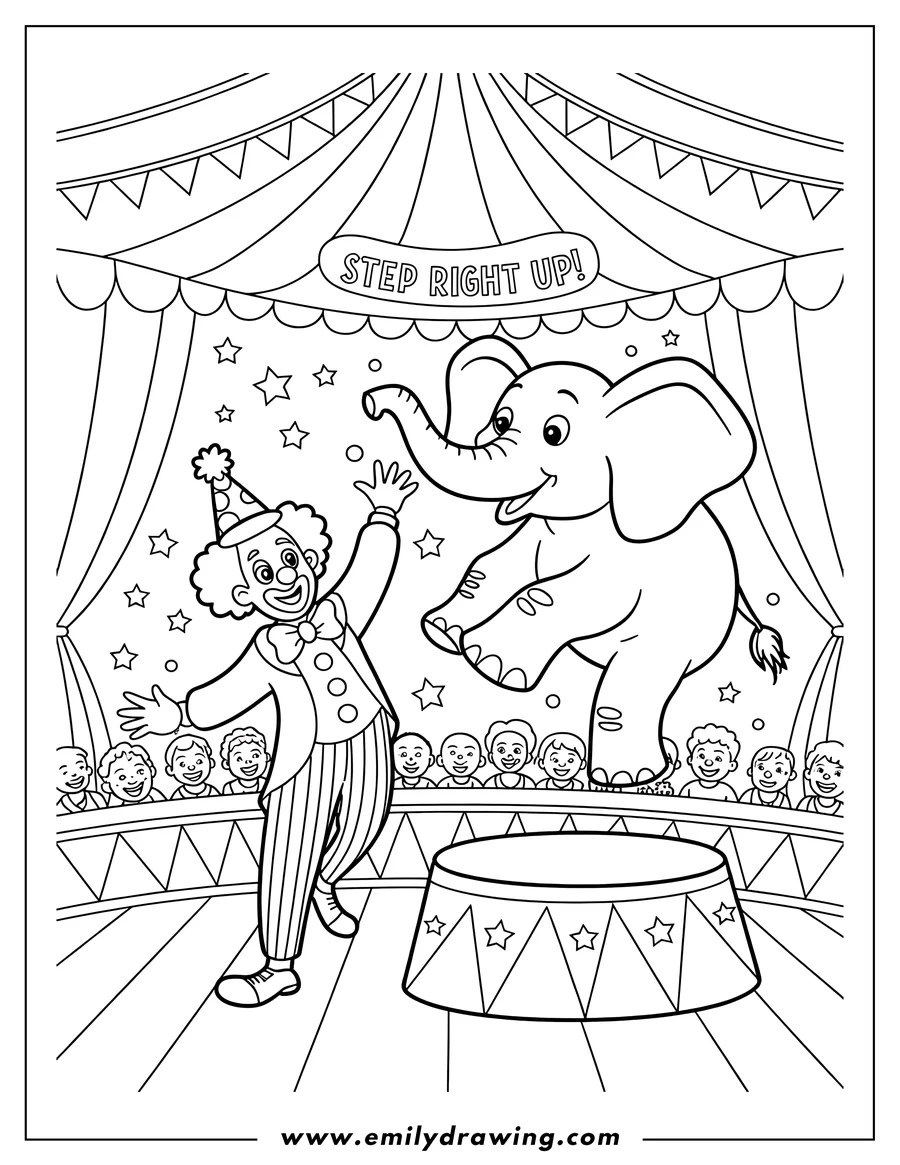 Line art of a clown and elephant performing in a circus tent. Children watch from the stands.