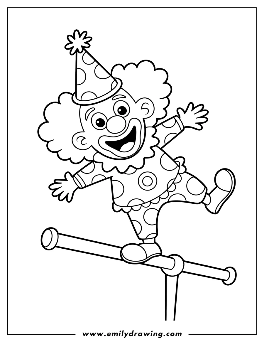 Line art of a smiling clown balancing on a horizontal bar. He wears a dotted party hat and outfit.