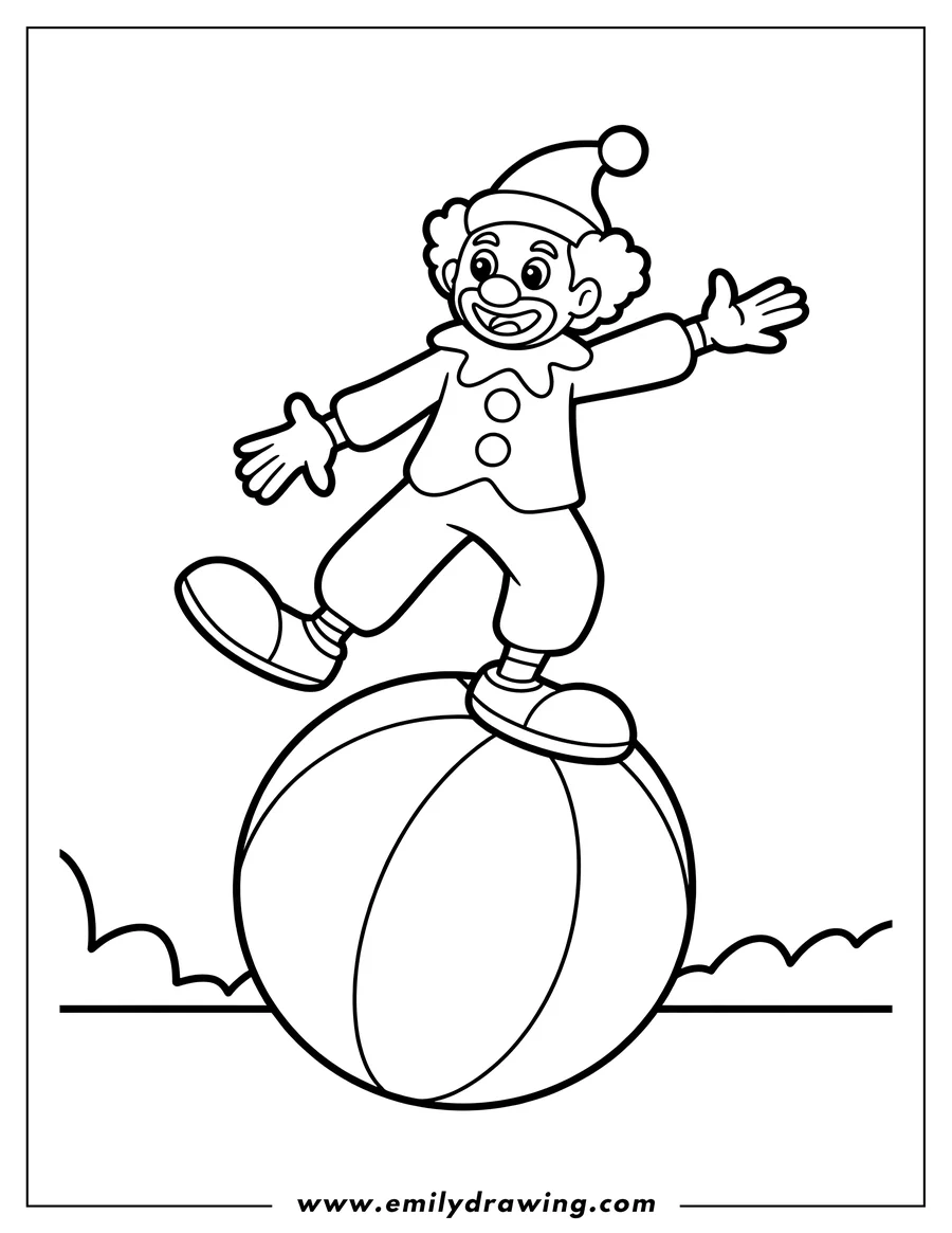 Outline of a clown carefully balancing on a large ball. He is smiling and wearing a pointed hat.