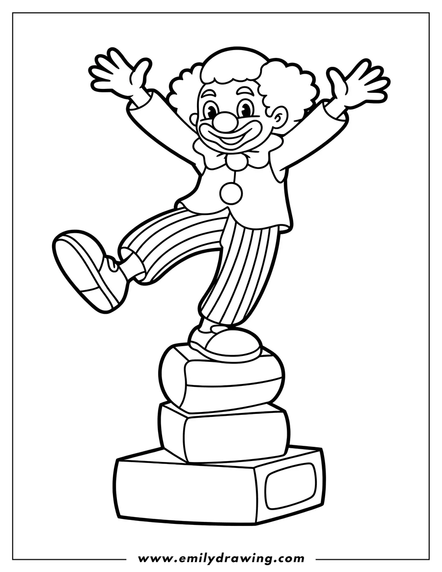Outline of a clown balancing on a stack of boxes. He has big shoes and striped pants.