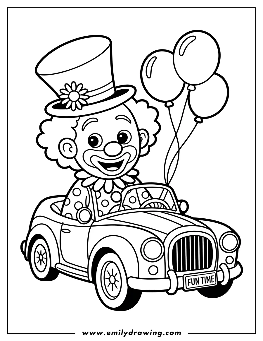 Line art of a clown driving a vintage-style car with balloons attached. The clown wears a top hat with a flower and a big smile.
