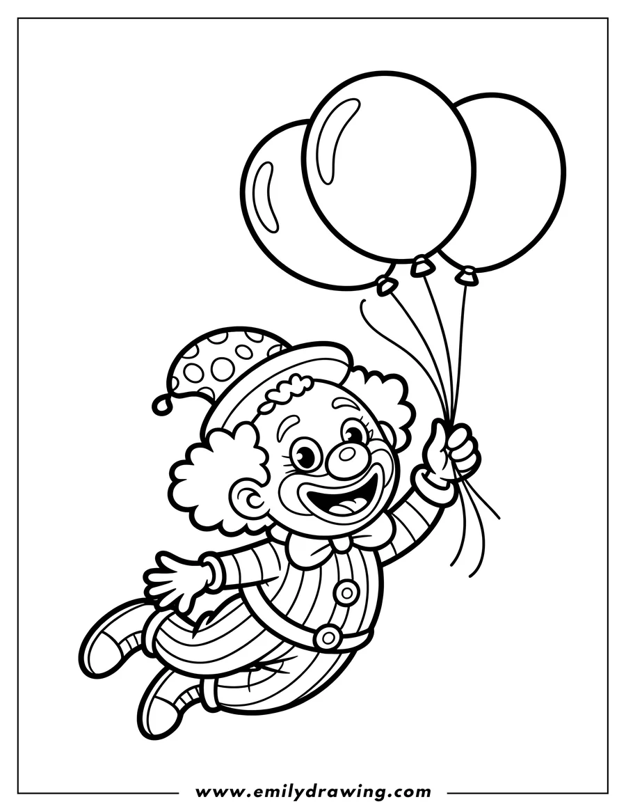 Line art of a cheerful clown floating in the air while holding a bunch of balloons. The clown is wearing a polka-dotted hat, striped outfit, and big shoes.