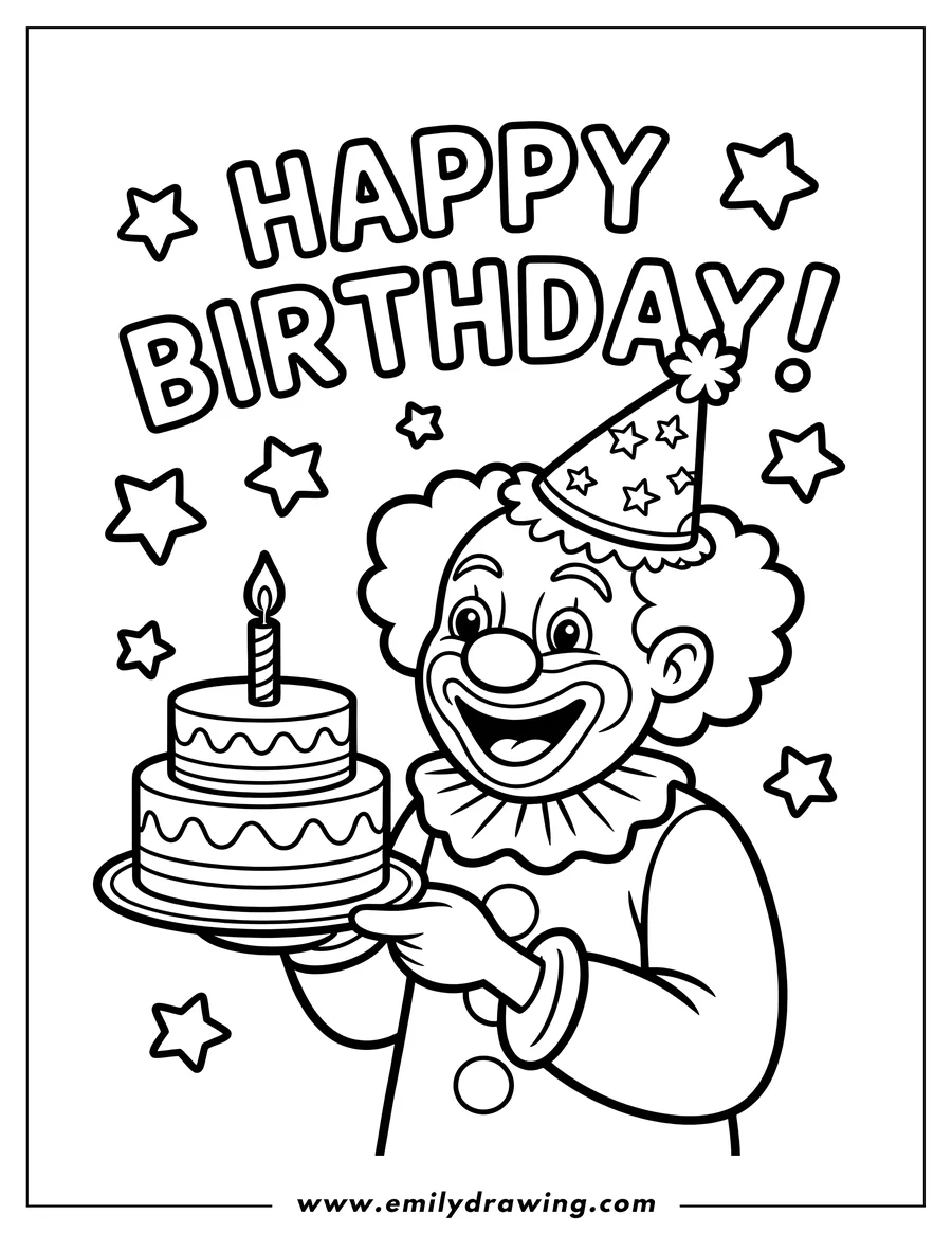 Line art of a smiling clown holding a two-tiered birthday cake with a single lit candle. The clown wears a party hat and has large, fluffy hair. Stars and the words 'Happy Birthday' decorate the background.