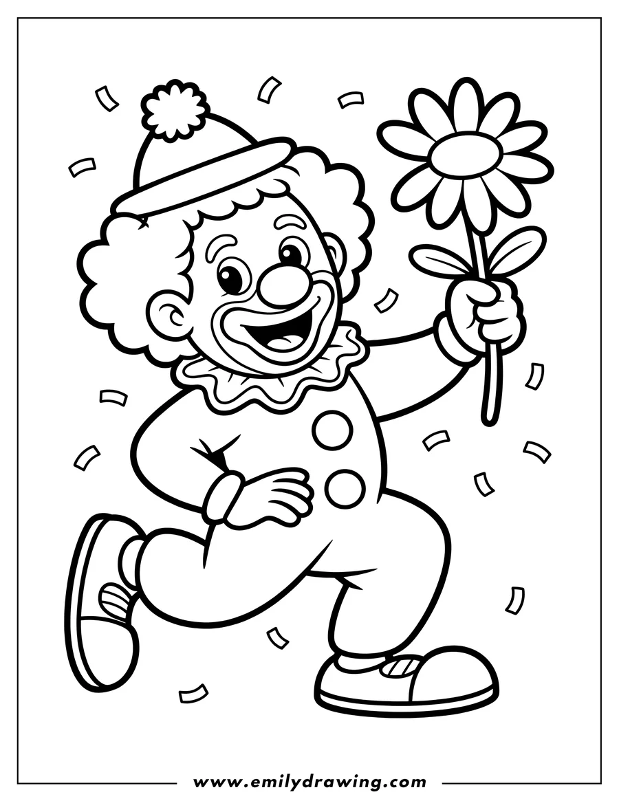 Line art of a cheerful clown holding a large flower with confetti falling around them.
