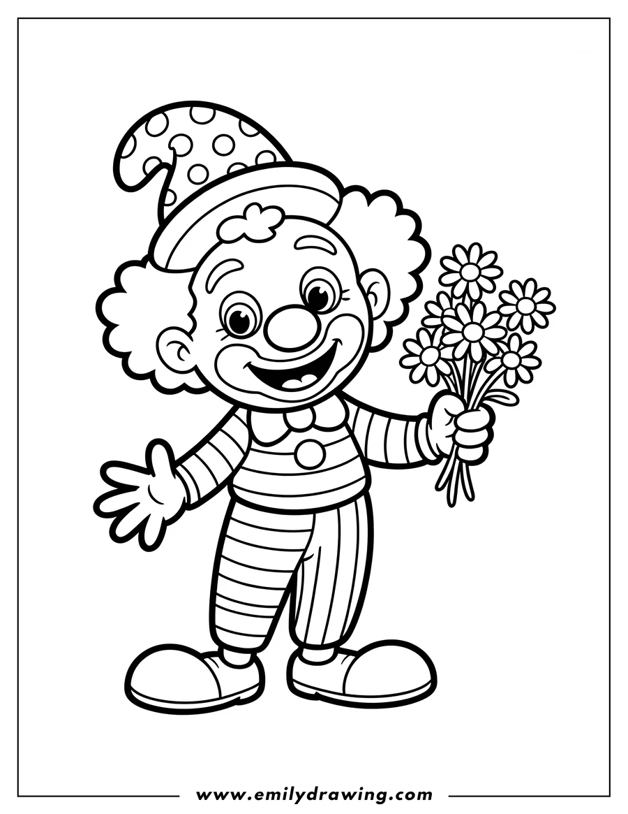 Outline of a cheerful clown holding a bouquet of flowers. He wears a polka dot hat and striped outfit.