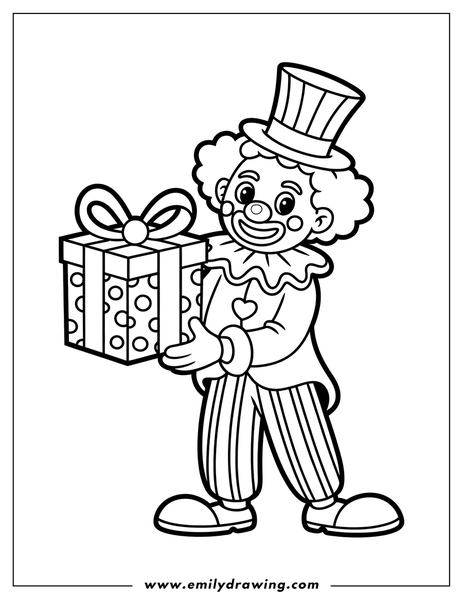 Outline of a clown holding a gift wrapped with a bow and polka dots.