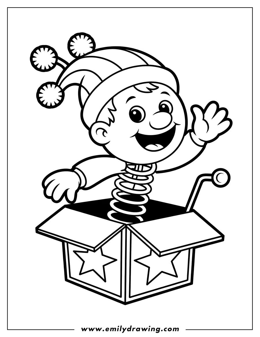 Line art of a clown popping out of a box. He is wearing a jester's hat and a big smile, and he's waving.