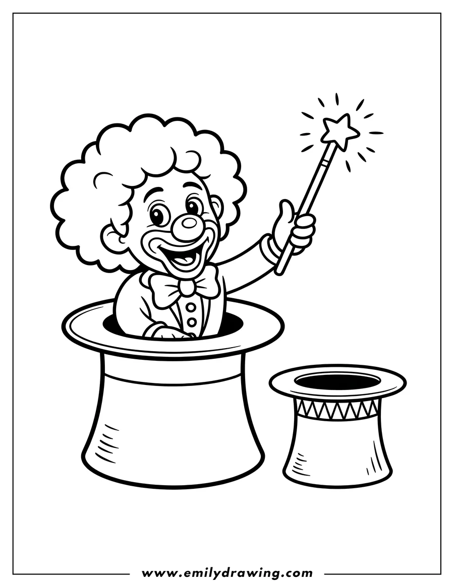 Line art of a clown in a top hat holding a magic wand. Another top hat sits beside him.