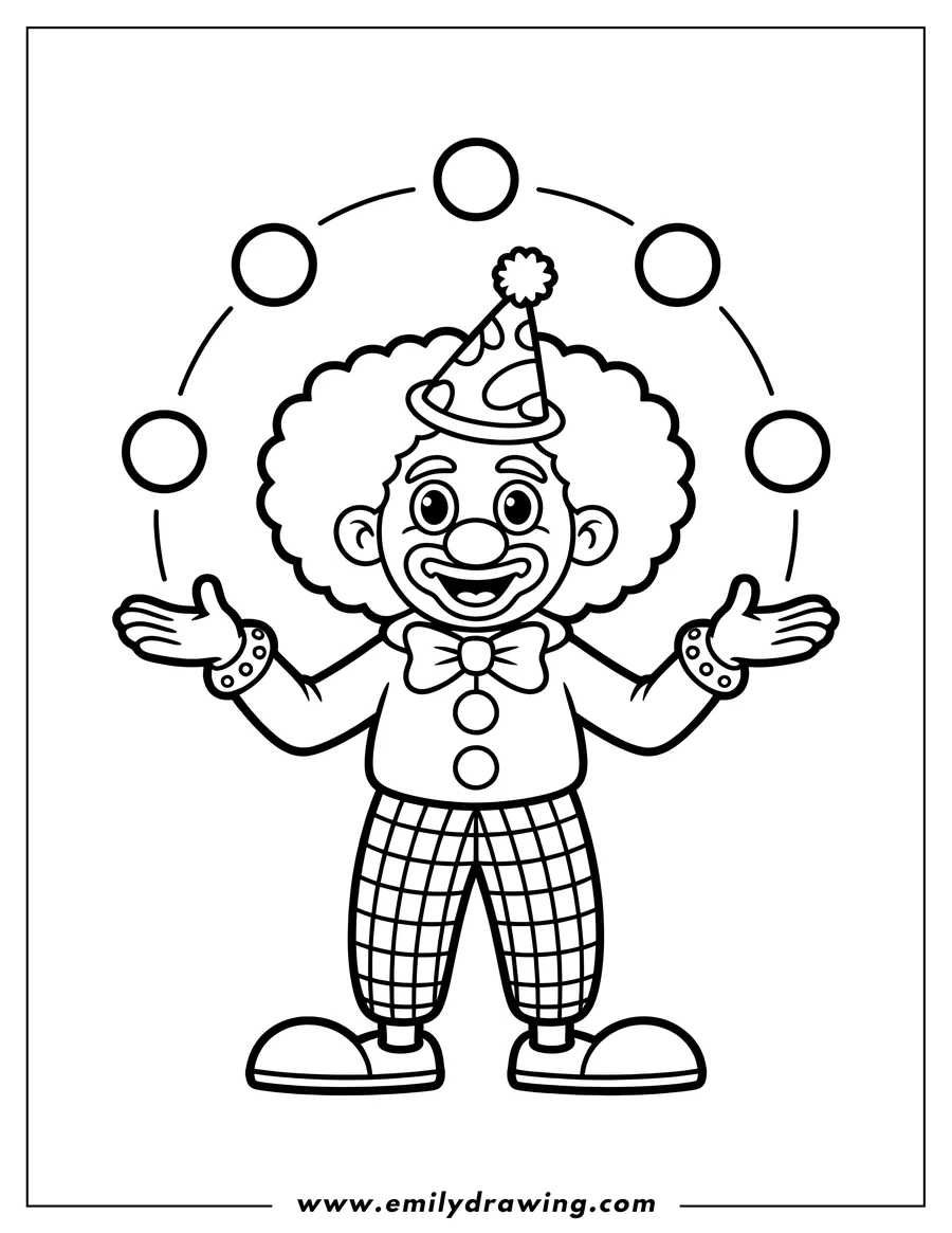 Outline of a clown juggling five balls while wearing a party hat, checkered pants, and oversized shoes.